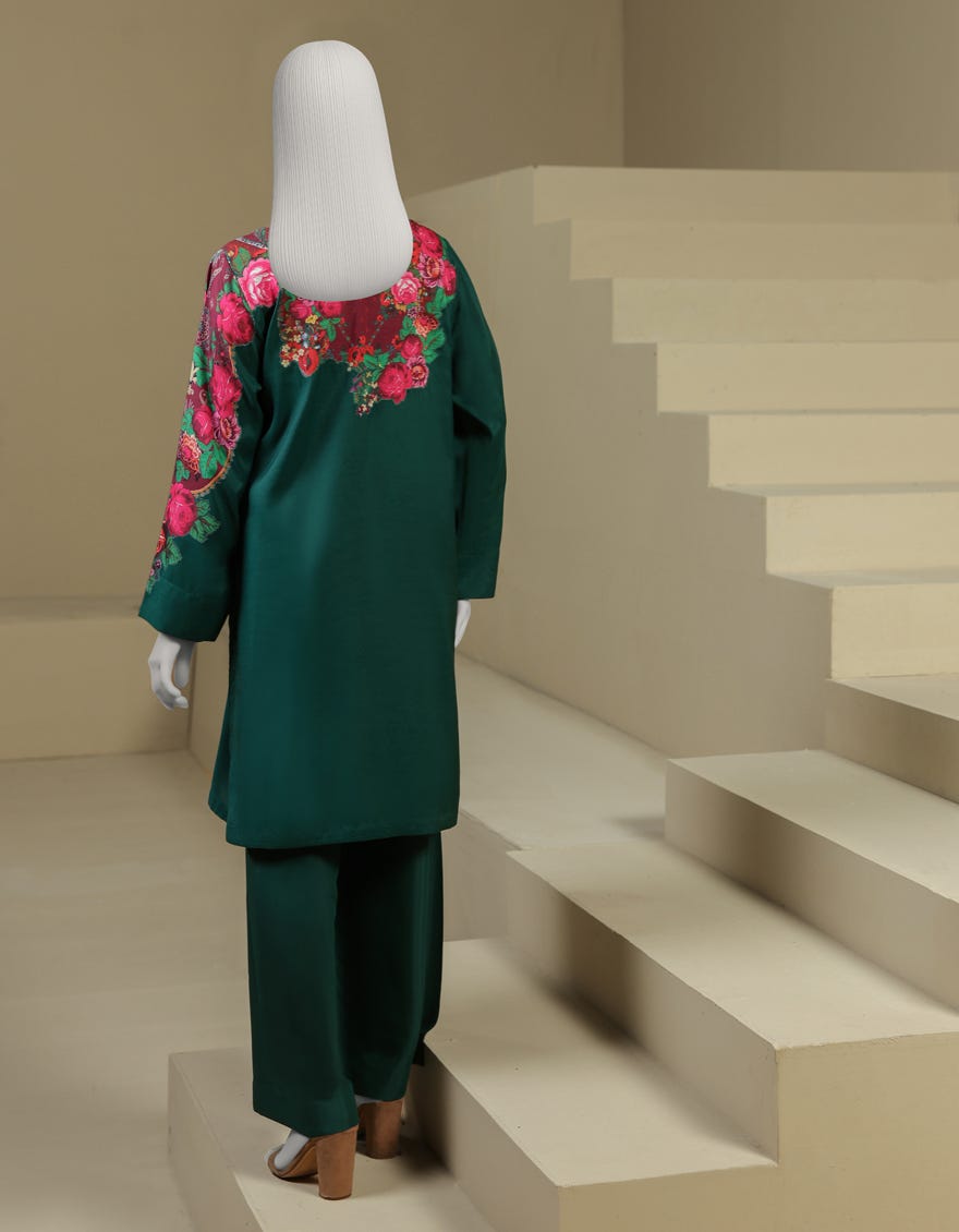 GREEN RAW SILK DIGITAL PRINTED 2PC STITCHED