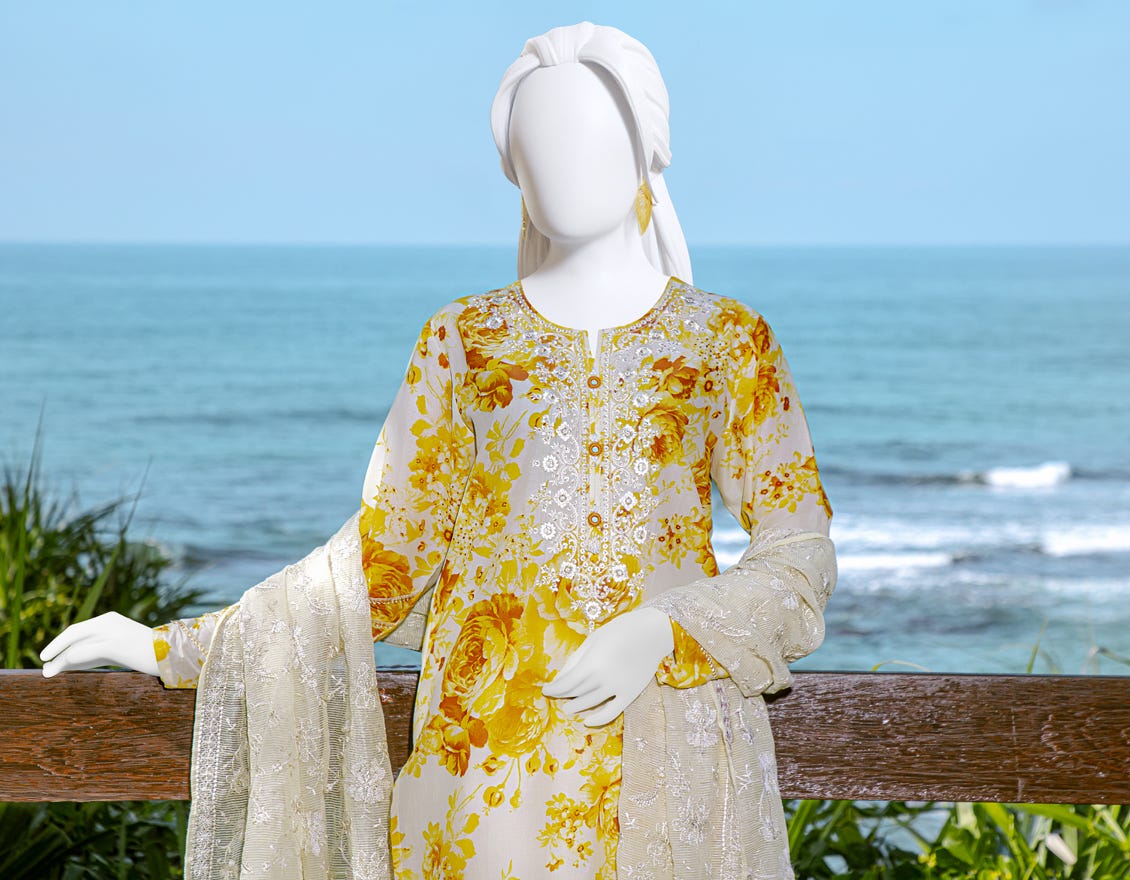 BEIGE-YELLOW LAWN 3PC UNSTITCHED |  JLAWN-S-22-165 Daisuke