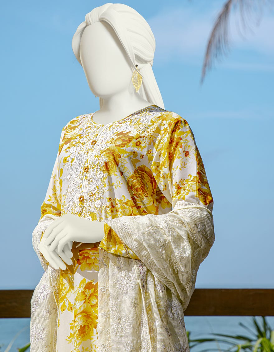 BEIGE-YELLOW LAWN 3PC UNSTITCHED |  JLAWN-S-22-165 Daisuke