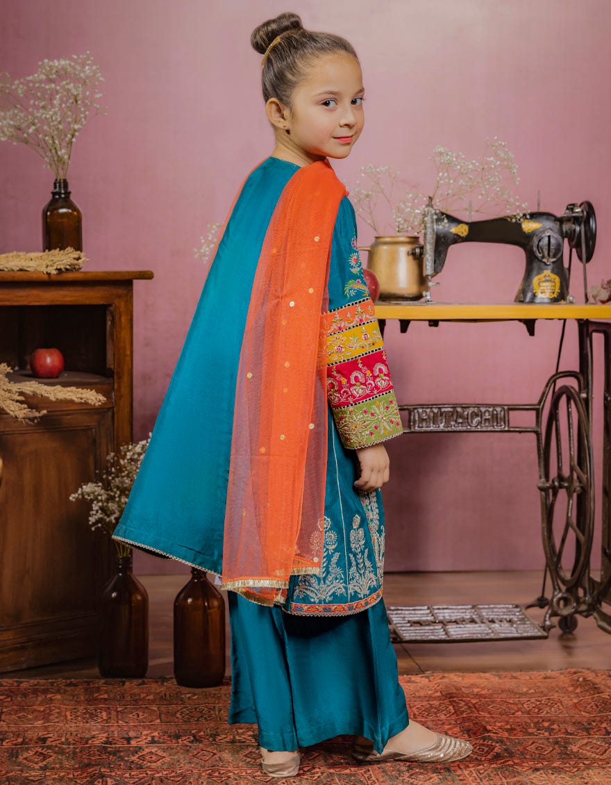 DARK SEA GREEN RAW SILK GIRLS 3PC | JGK-S-22-1912 FB