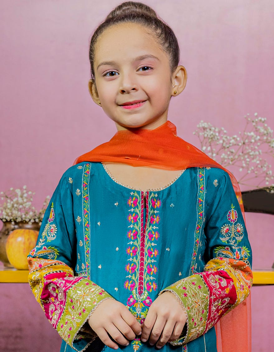 DARK SEA GREEN RAW SILK GIRLS 3PC | JGK-S-22-1912 FB