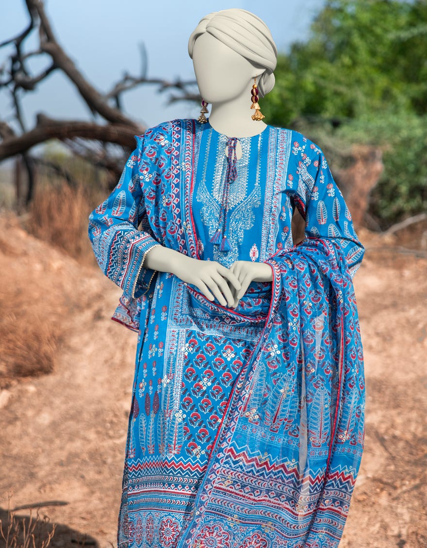 BLUE LAWN PRINTED 3PC STITCHED | JLAWN-S-25-005