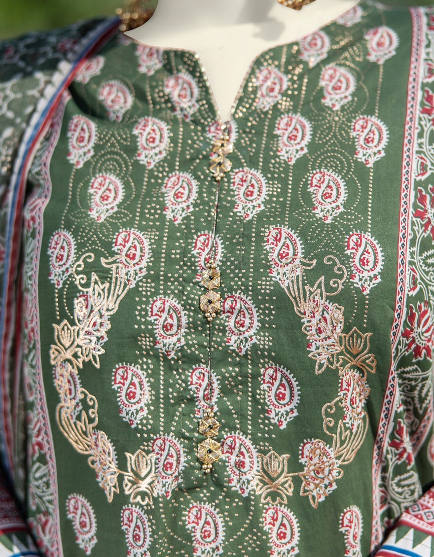GREEN LAWN PRINTED 3PC STITCHED | JLAWN-S-25-006