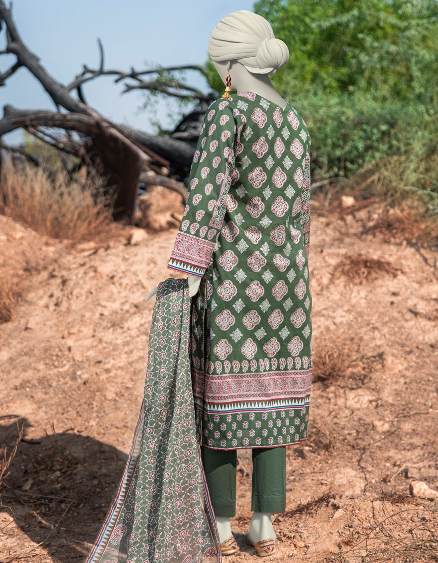 GREEN LAWN PRINTED 3PC STITCHED | JLAWN-S-25-006