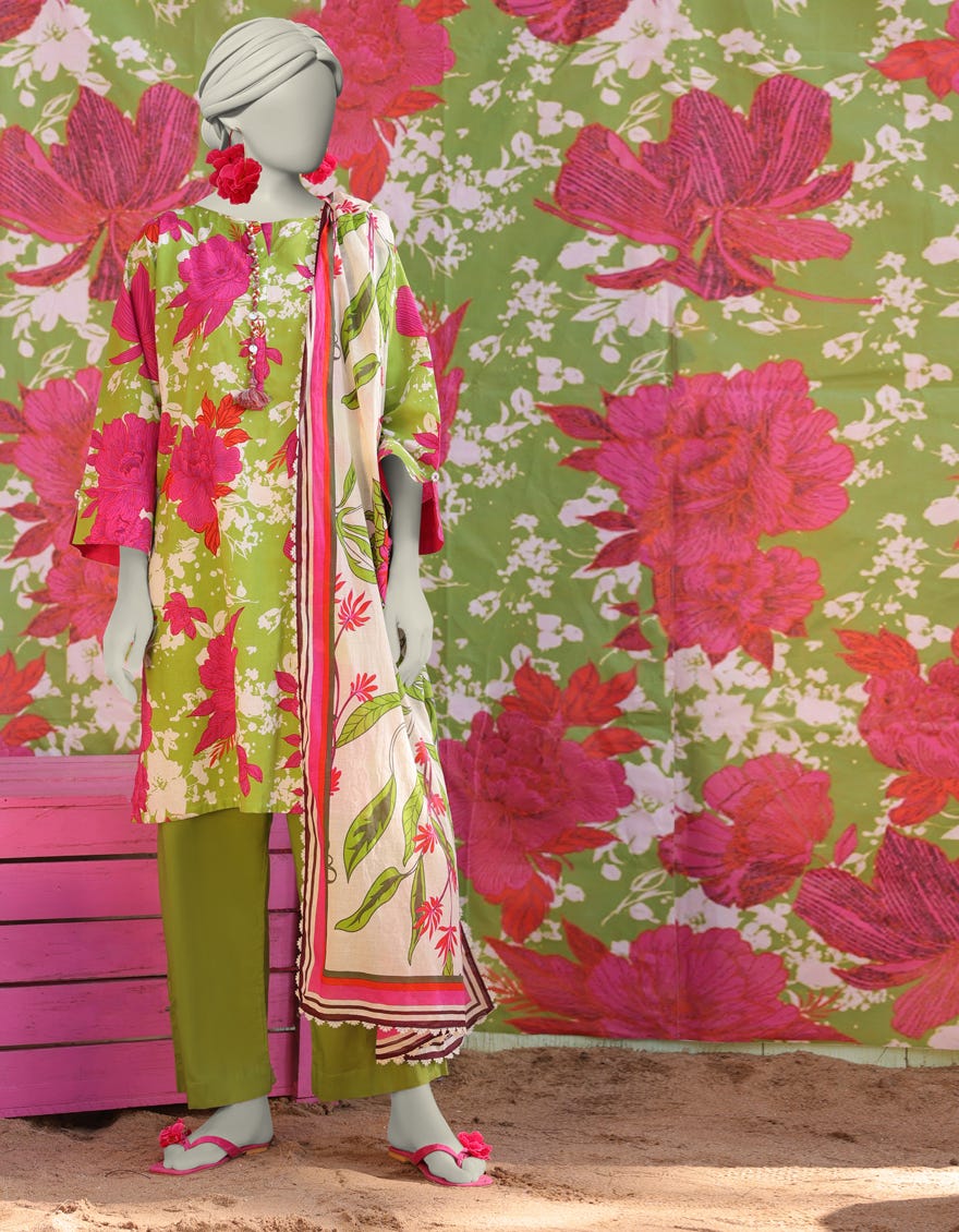 GREEN LAWN PRINTED 3PC STITCHED | JLAWN-S-25-010