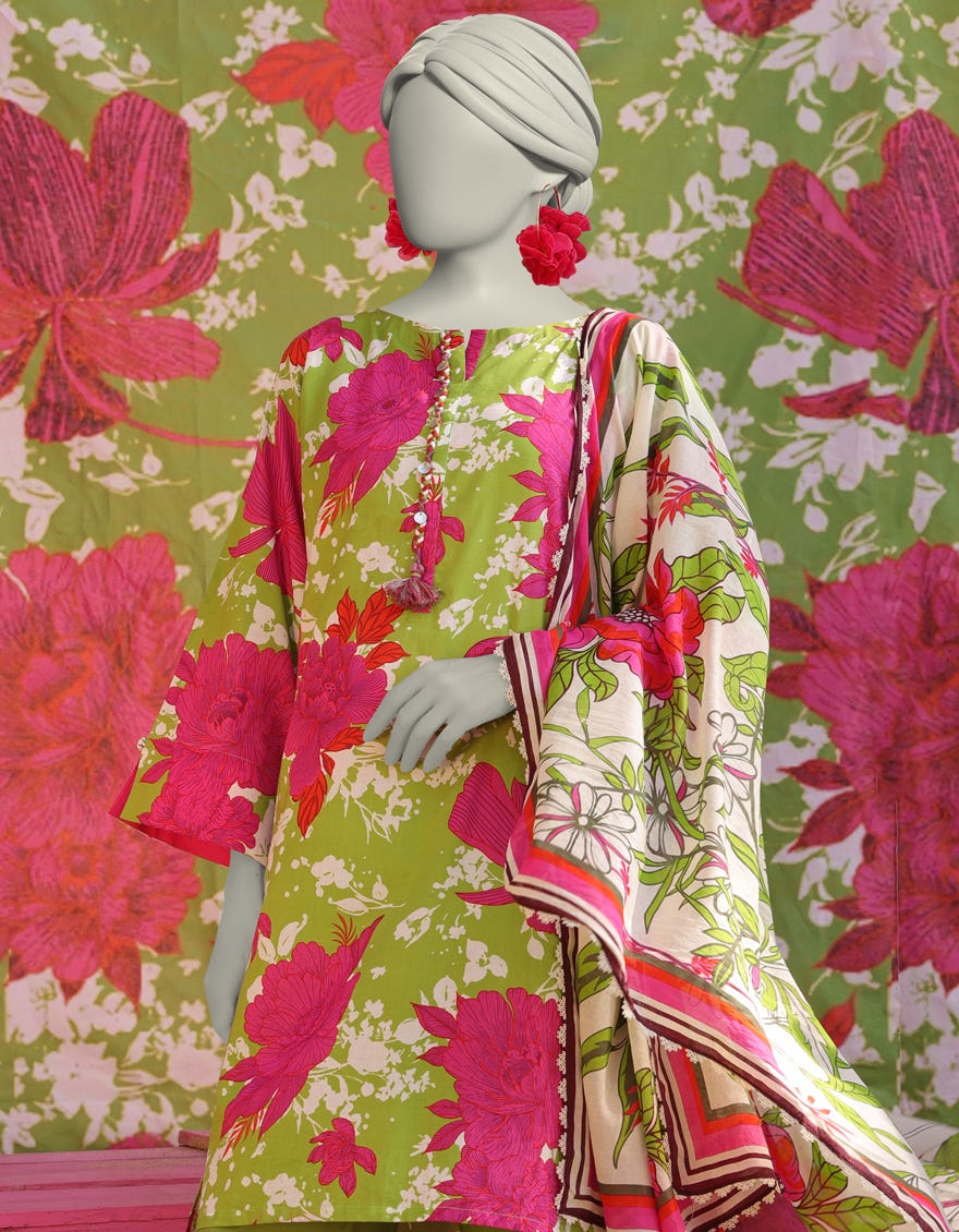 GREEN LAWN PRINTED 3PC STITCHED | JLAWN-S-25-010