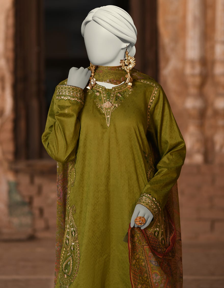 GREEN DOBBY EMBROIDERED 3PC STITCHED | JLAWN-S-25-013