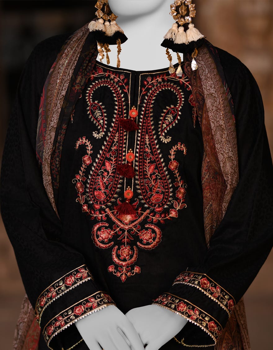 BLACK DOBBY EMBROIDERED 3PC STITCHED | JLAWN-S-25-016