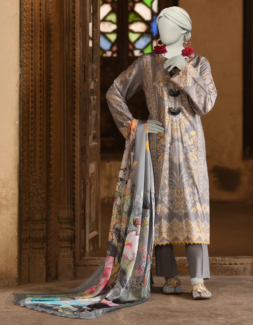 GREY LAWN PRINTED 3PC STITCHED | JLAWN-S-25-020