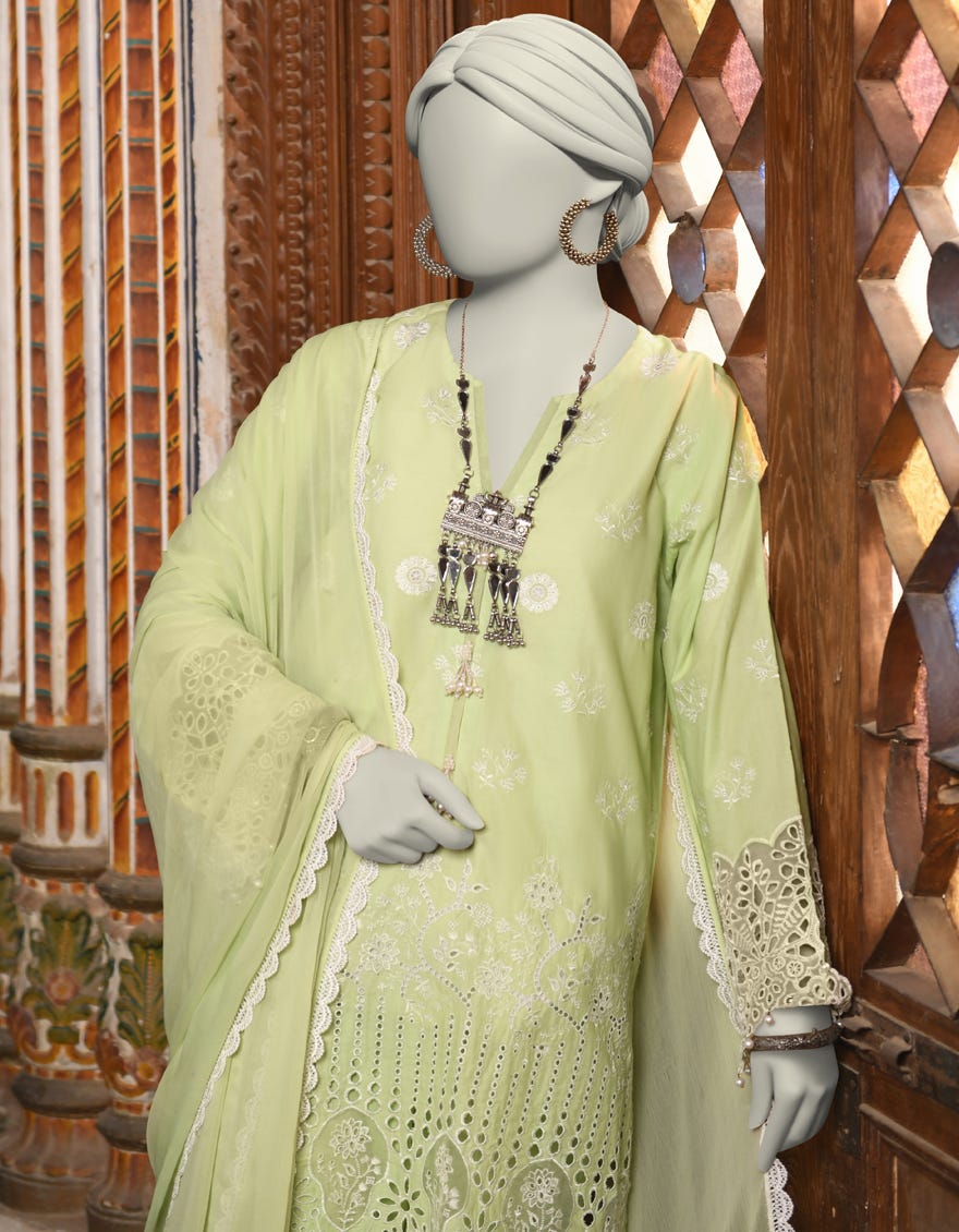 GREEN SCHIFFLI LAWN 3PC STITCHED | JLAWN-S-25-043