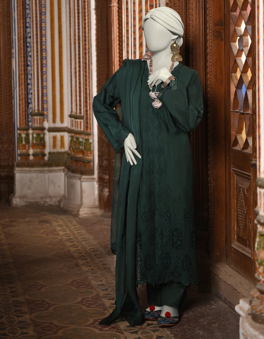 GREEN SCHIFFLI LAWN 3PC STITCHED | JLAWN-S-25-045