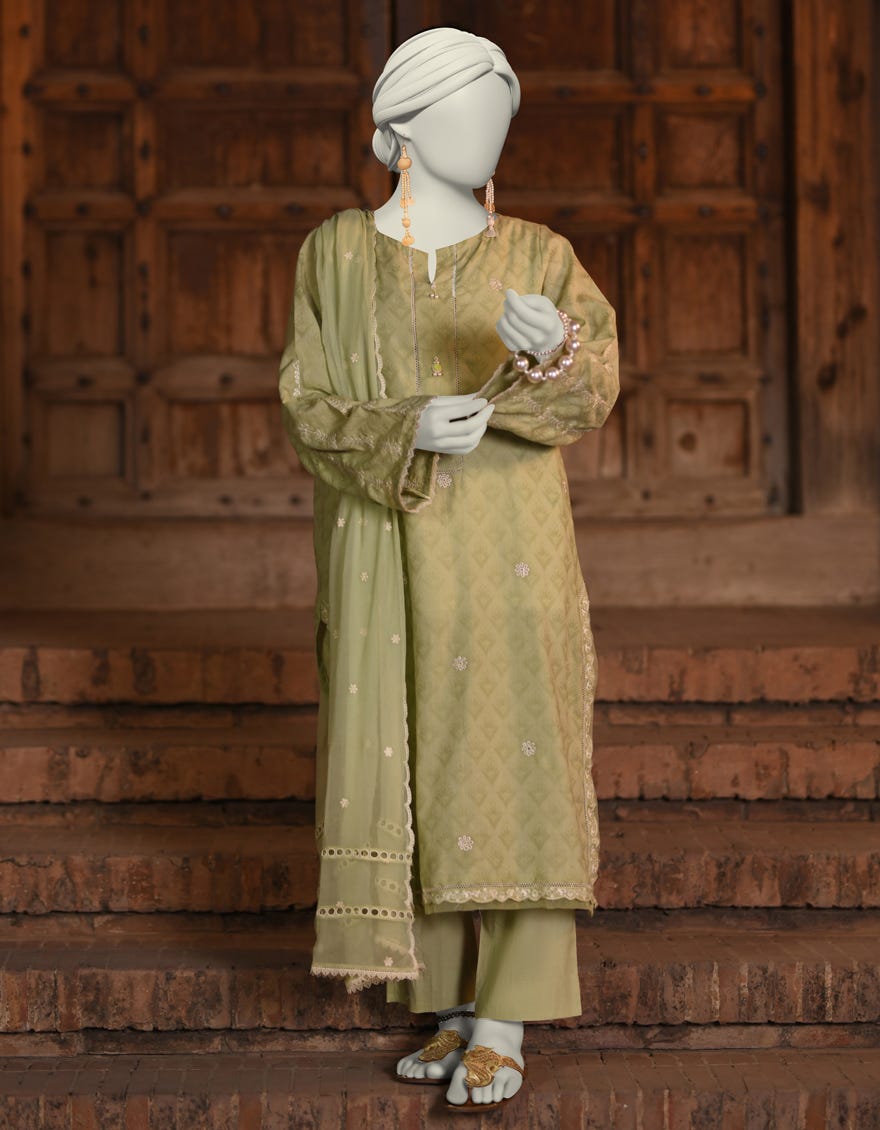 GREEN DOBBY EMBROIDERED 3PC STITCHED | JLAWN-S-25-051