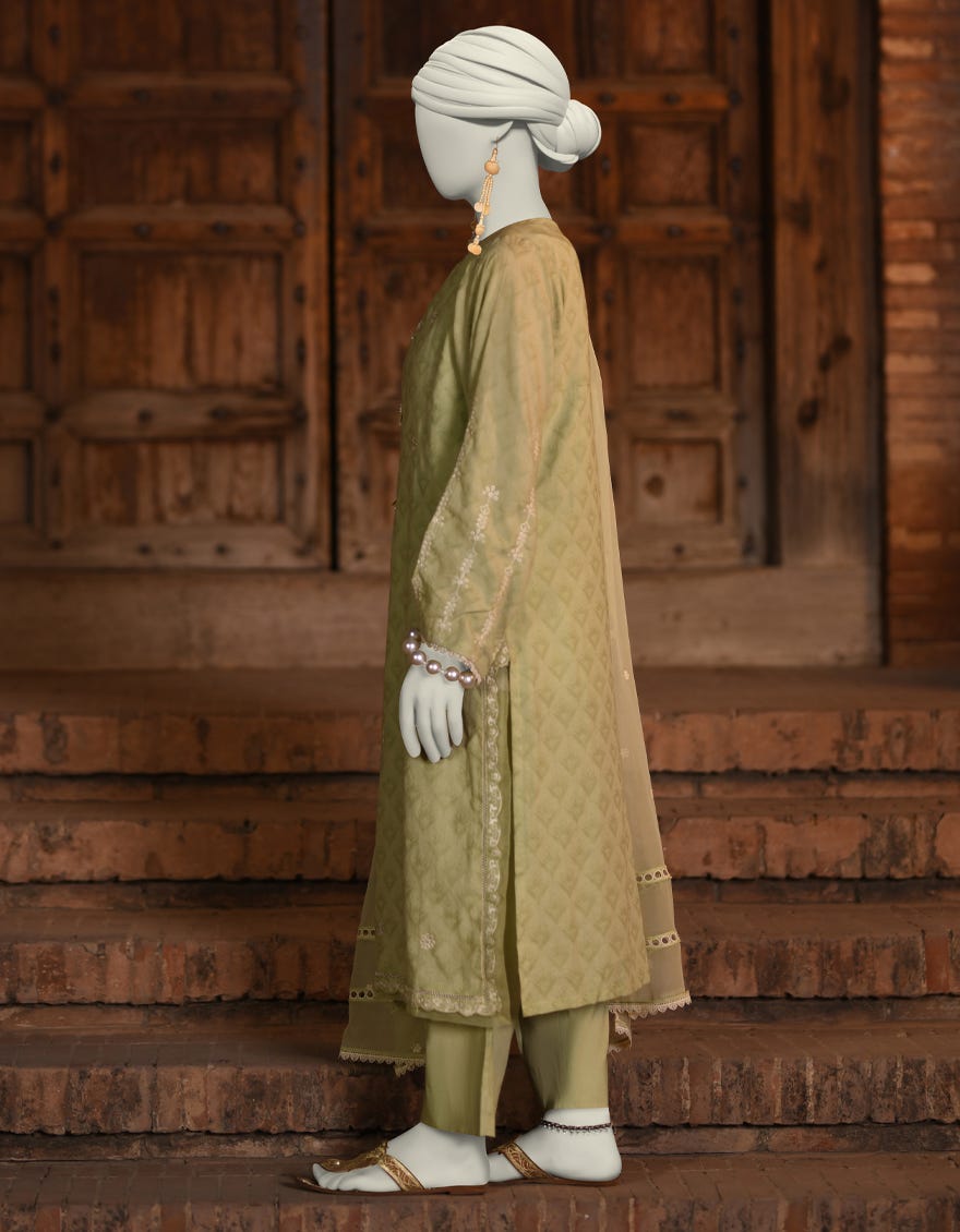 GREEN DOBBY EMBROIDERED 3PC STITCHED | JLAWN-S-25-051
