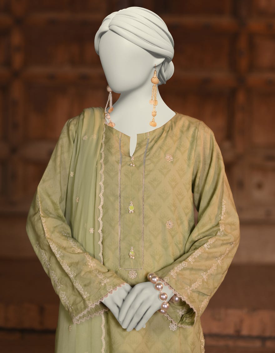 GREEN DOBBY EMBROIDERED 3PC STITCHED | JLAWN-S-25-051