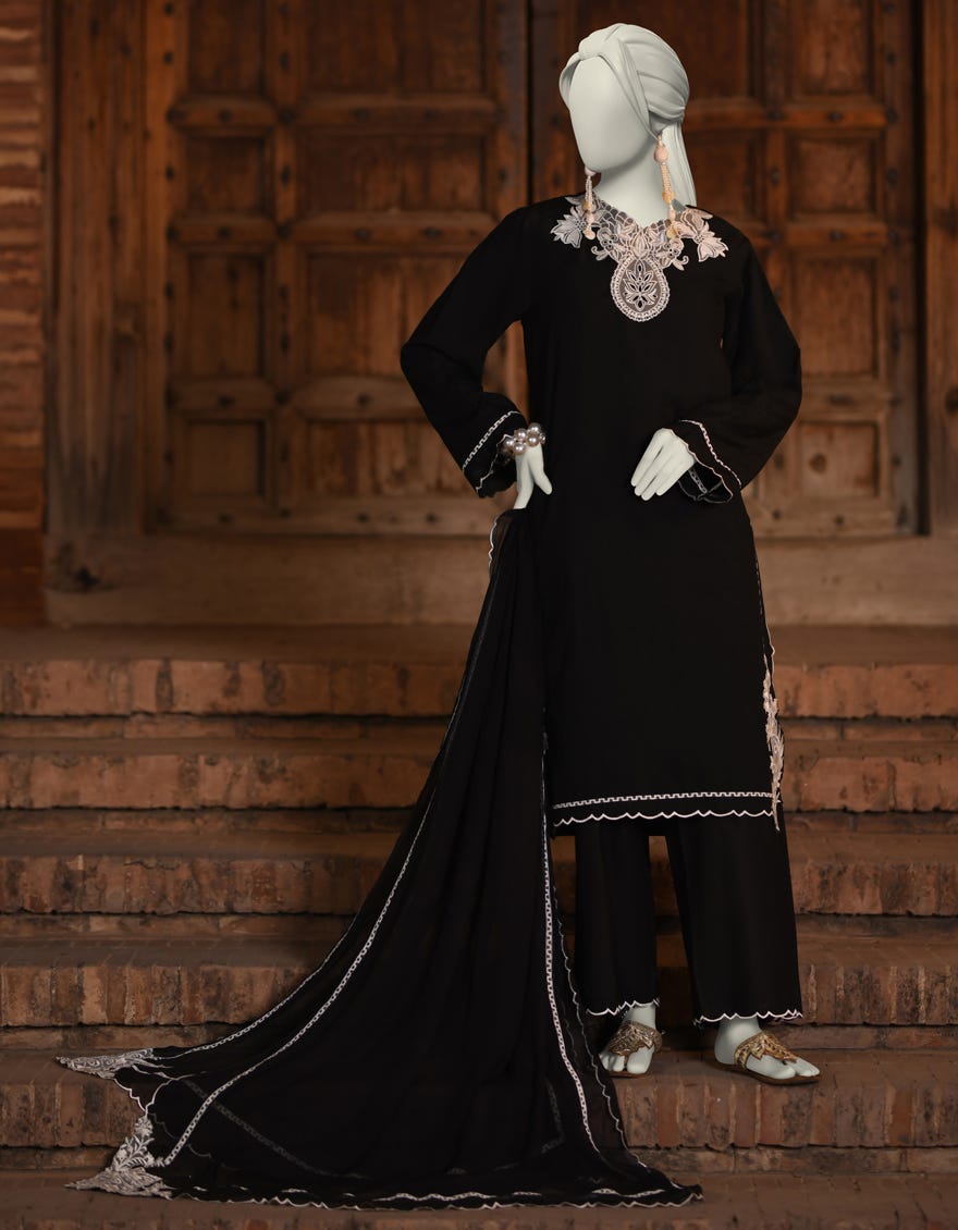 BLACK DOBBY EMBROIDERED 3PC STITCHED | JLAWN-S-25-054