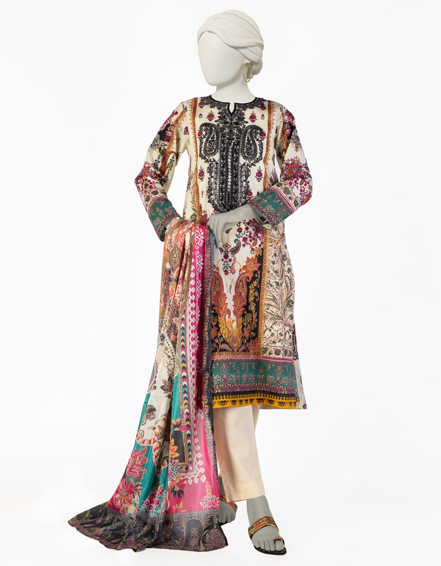 CREAM LAWN EMBROIDERED 3PC STITCHED