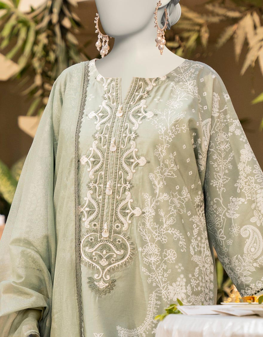 GREEN COTTON SILK EMBROIDERED 3PC STITCHED