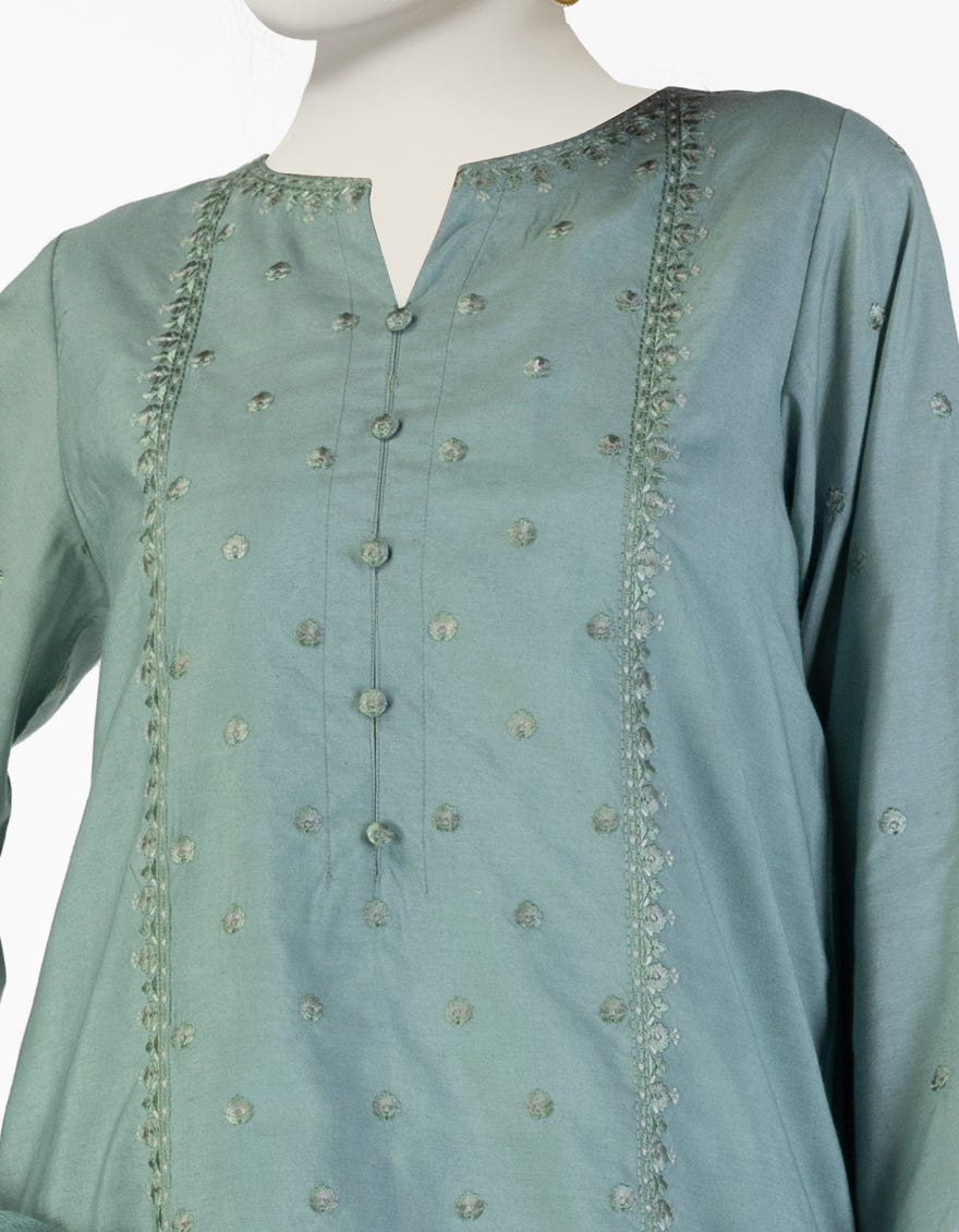 GREEN COTTON SILK EMBROIDERED 3PC STITCHED
