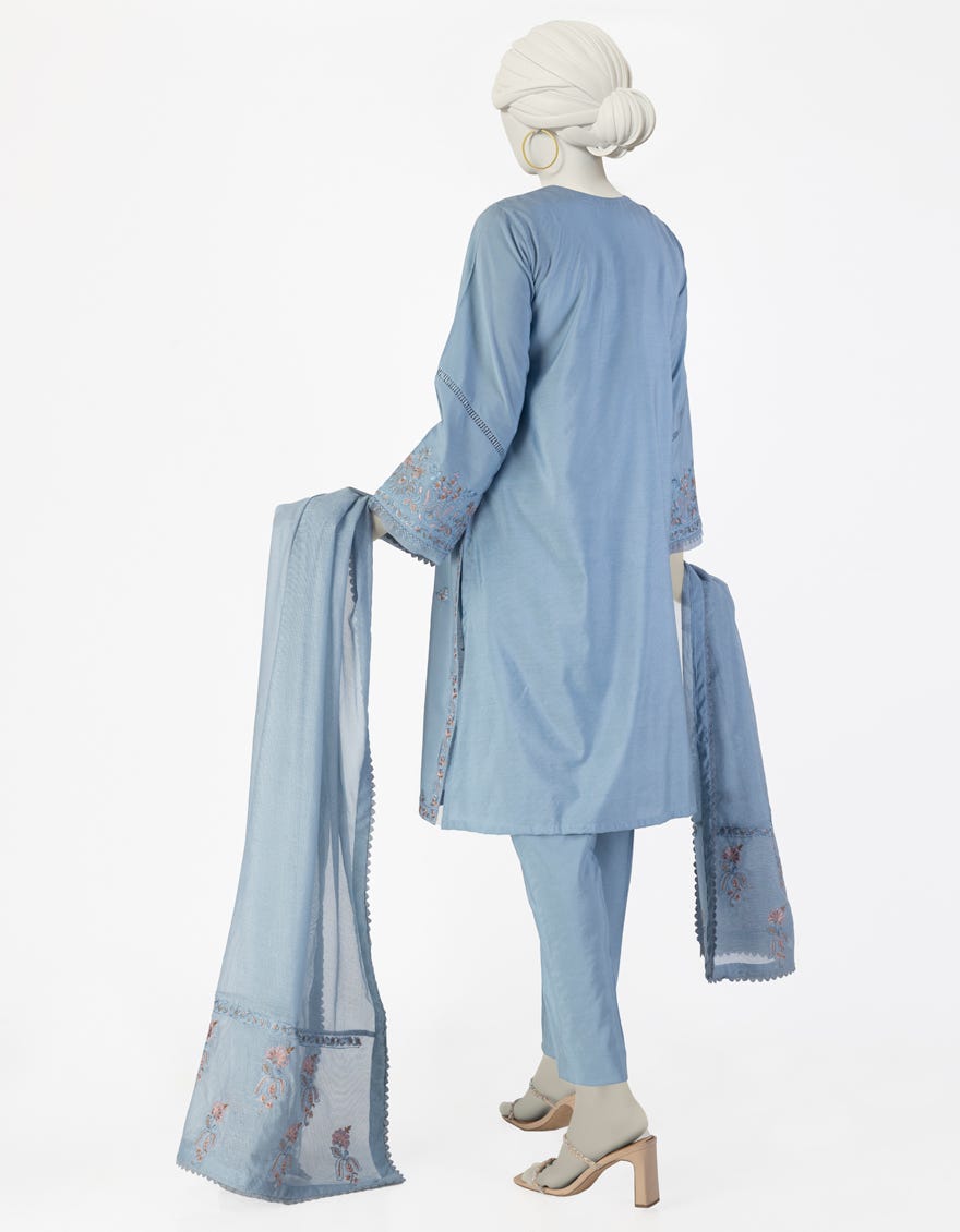 BLUE COTTON SILK EMBROIDERED 3PC STITCHED