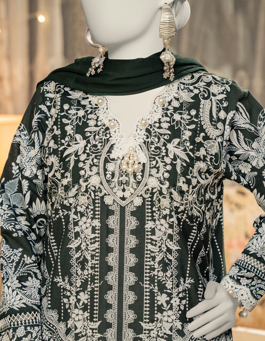 GREEN COTTON SILK EMBROIDERED 3PC STITCHED