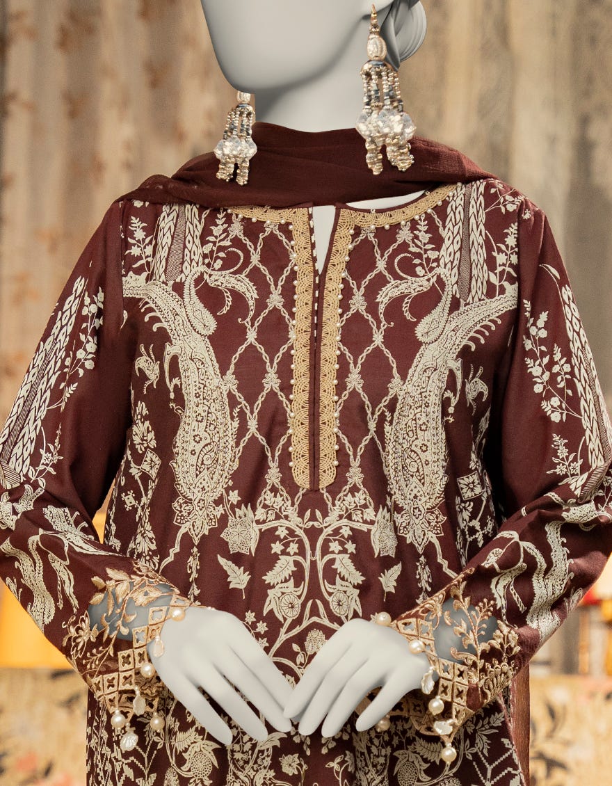 BROWN COTTON SILK EMBROIDERED 3PC STITCHED