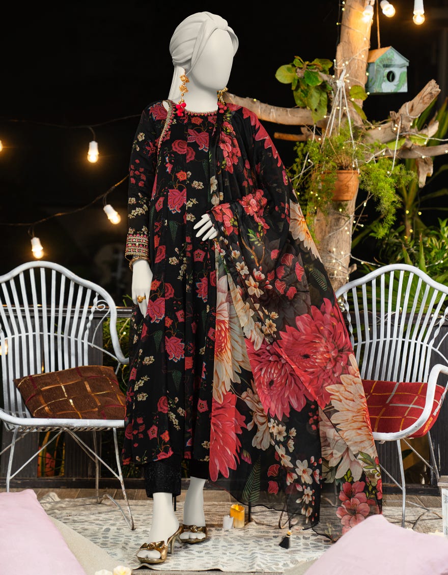 BLACK CHIFFON EMBROIDERED 2PC STITCHED