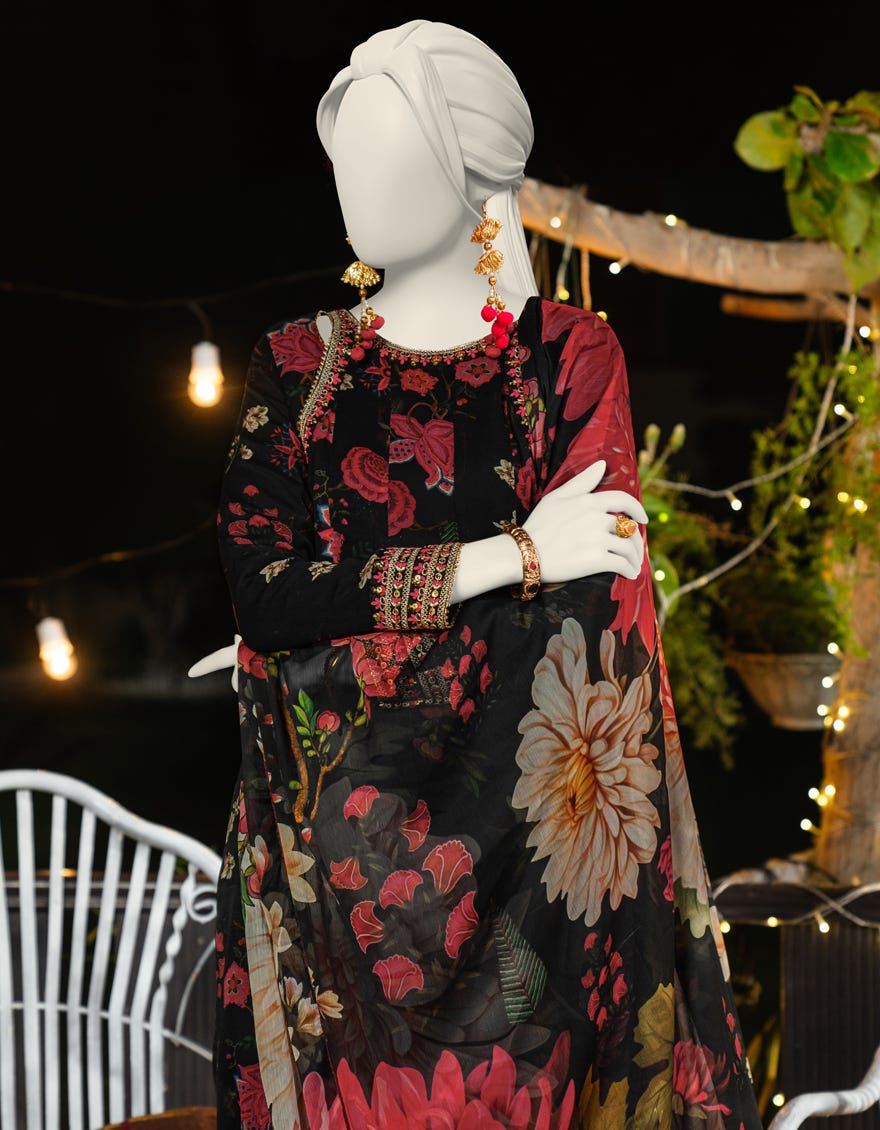 BLACK CHIFFON EMBROIDERED 2PC STITCHED