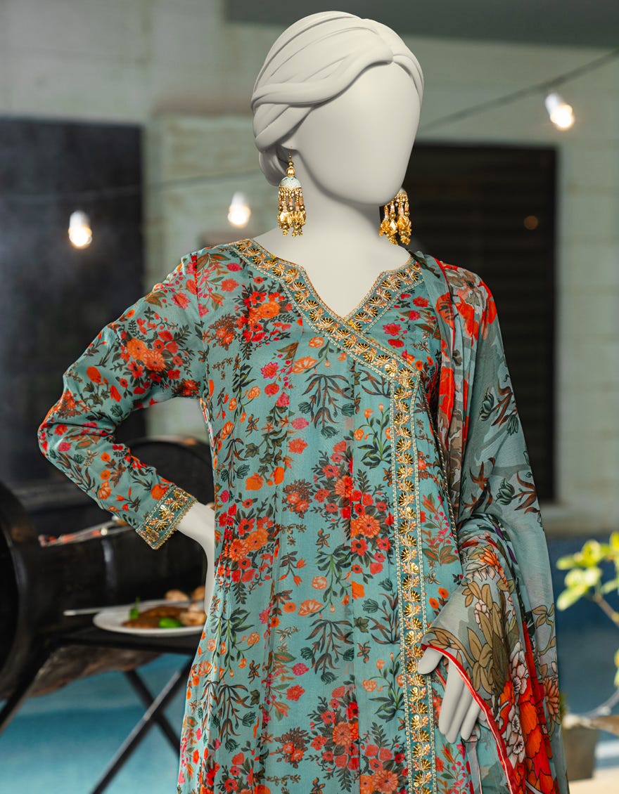 BLUE CHIFFON EMBROIDERED 2PC STITCHED