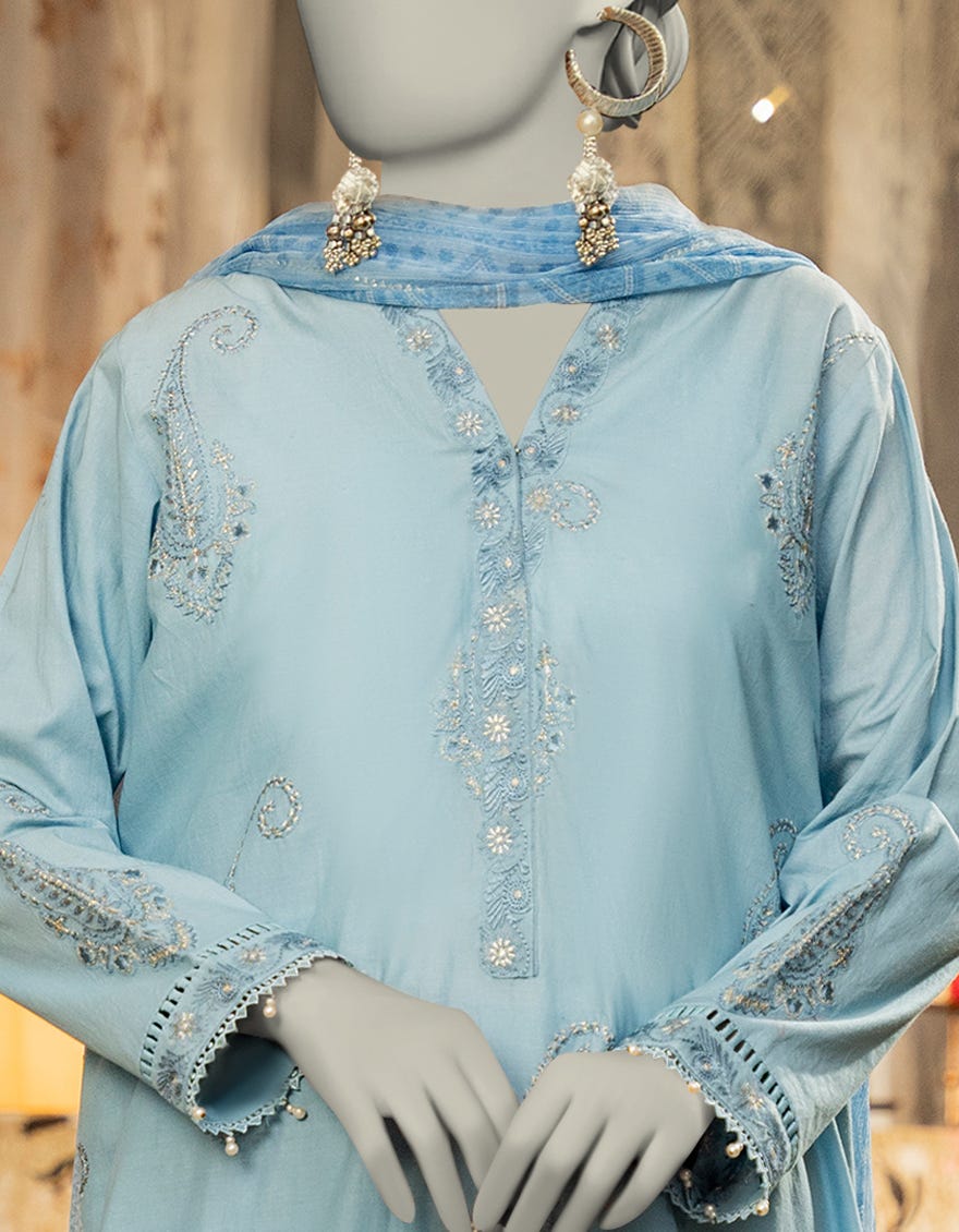 BLUE LAWN EMBROIDERED 3PC STITCHED