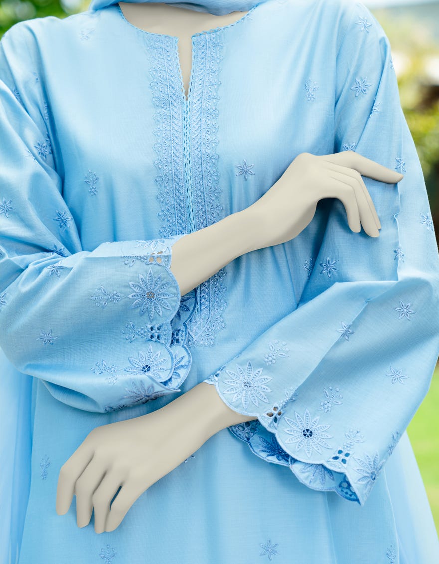 BLUE DYED SCHIFFLI 2PC STITCHED