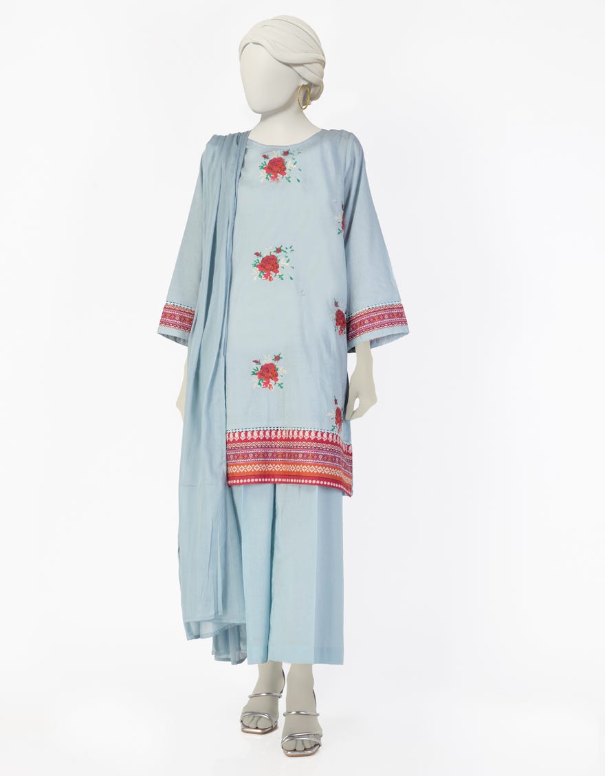 BLUE DOBBY EMBROIDERED 3PC STITCHED