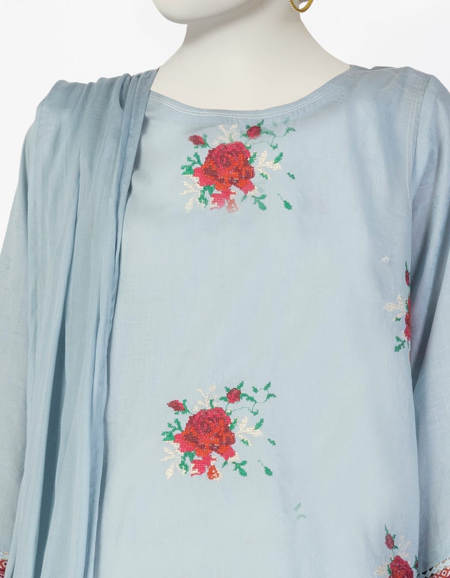 BLUE DOBBY EMBROIDERED 3PC STITCHED