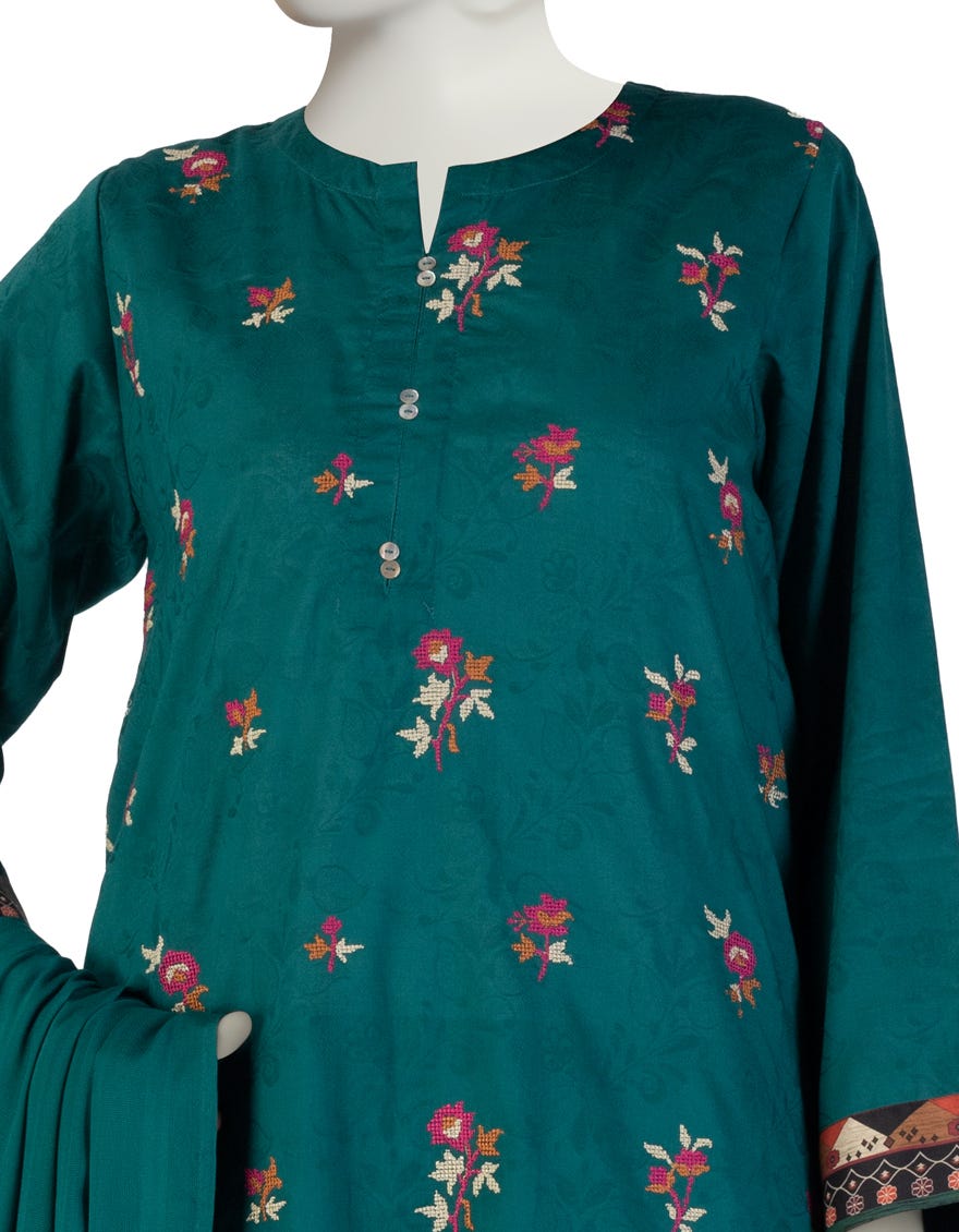 GREEN DOBBY EMBROIDERED 3PC STITCHED