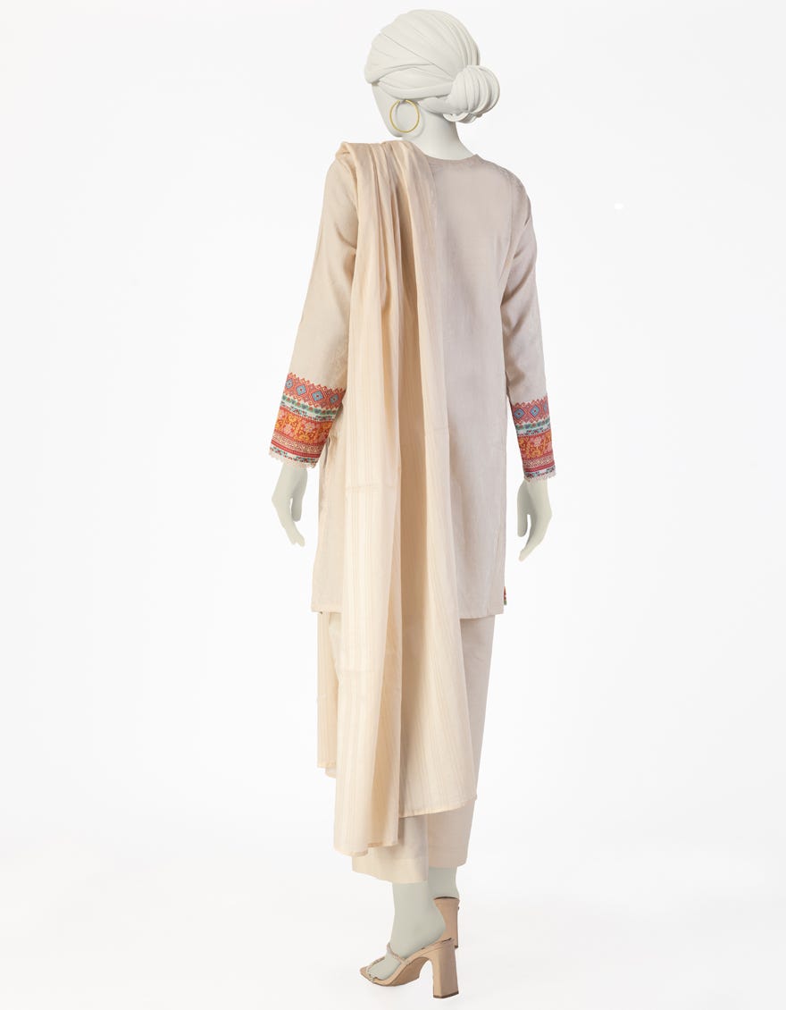 BEIGE DOBBY EMBROIDERED 3PC STITCHED
