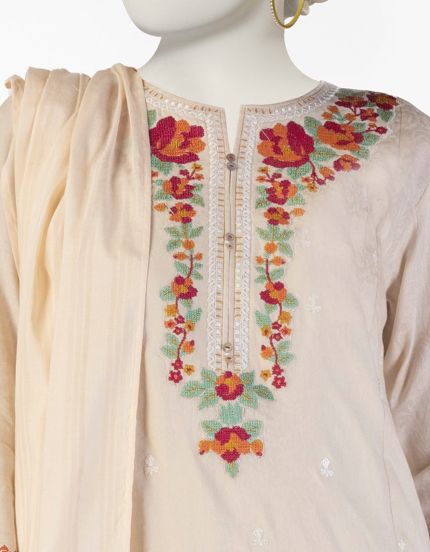 BEIGE DOBBY EMBROIDERED 3PC STITCHED