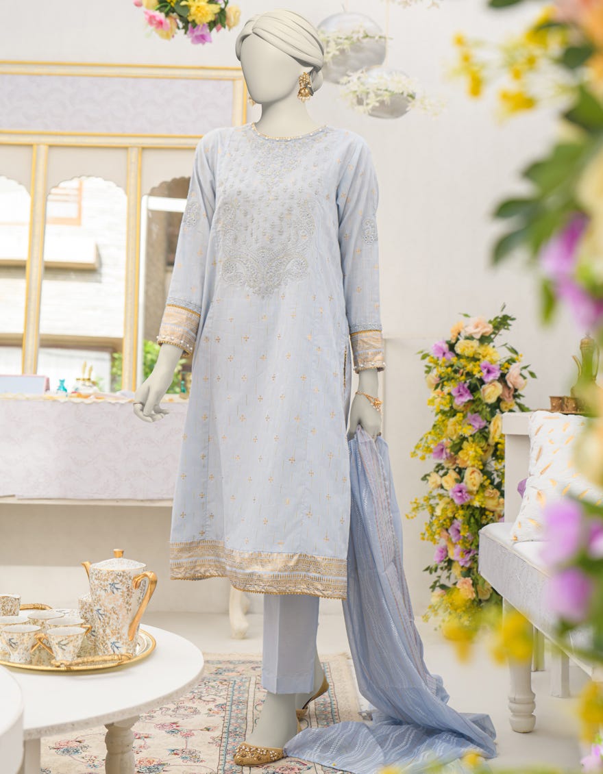 BLUE DOBBY EMBROIDERED 3PC STITCHED