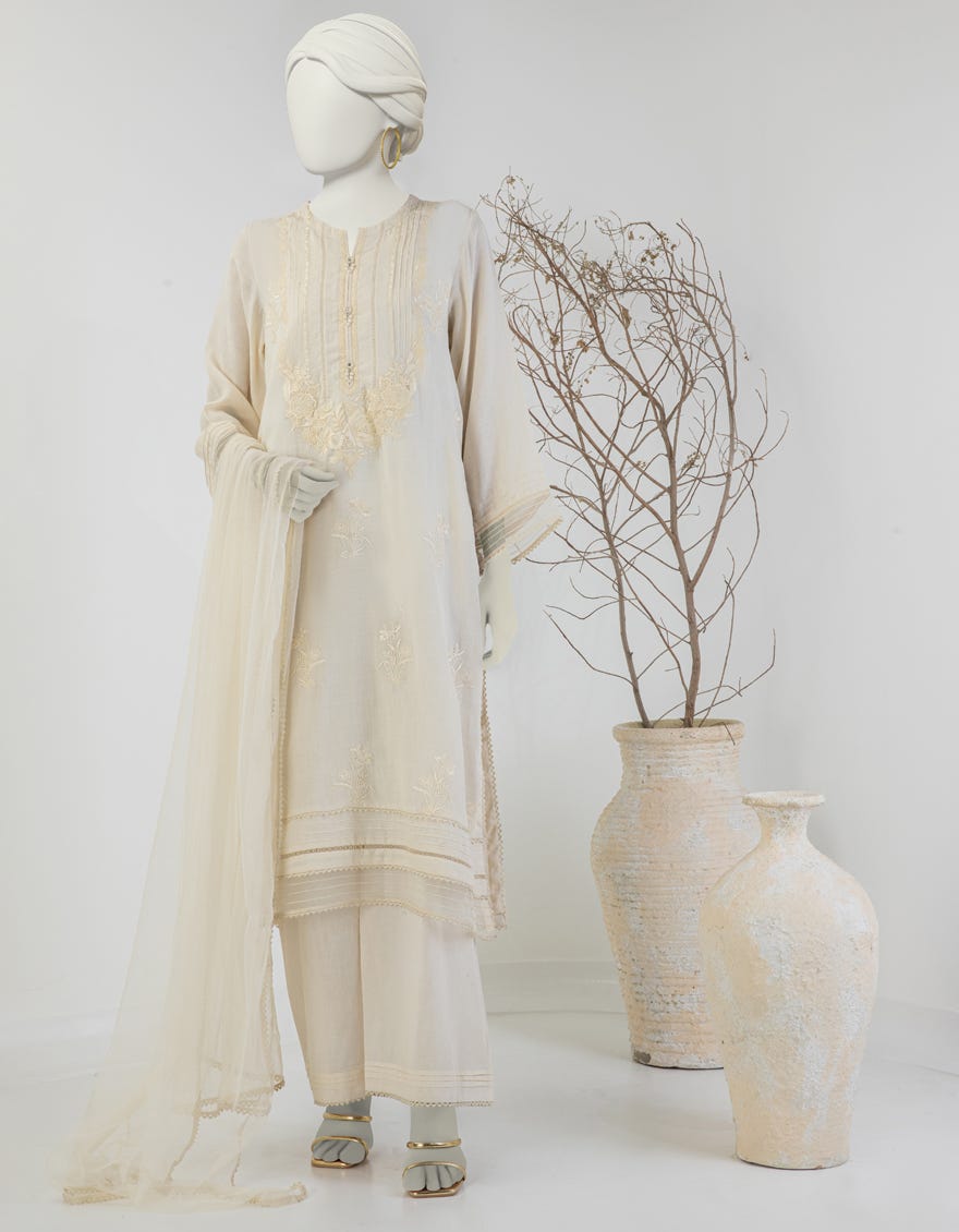 BEIGE DOBBY EMBROIDERED 3PC STITCHED