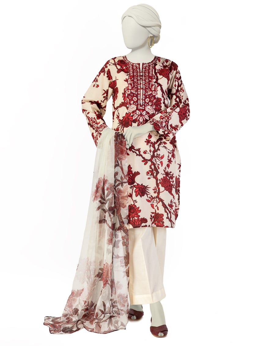 CREAM LAWN EMBROIDERED 3PC STITCHED