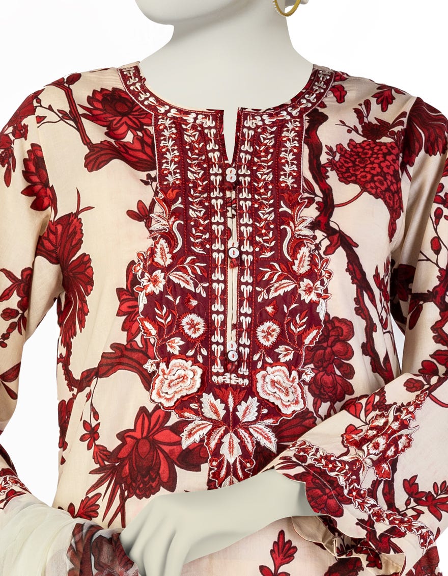 CREAM LAWN EMBROIDERED 3PC STITCHED