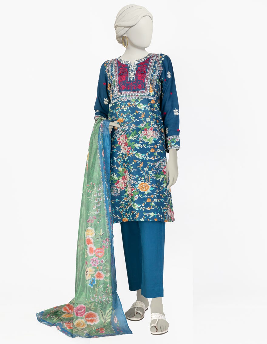 BLUE LAWN EMBROIDERED 3PC STITCHED