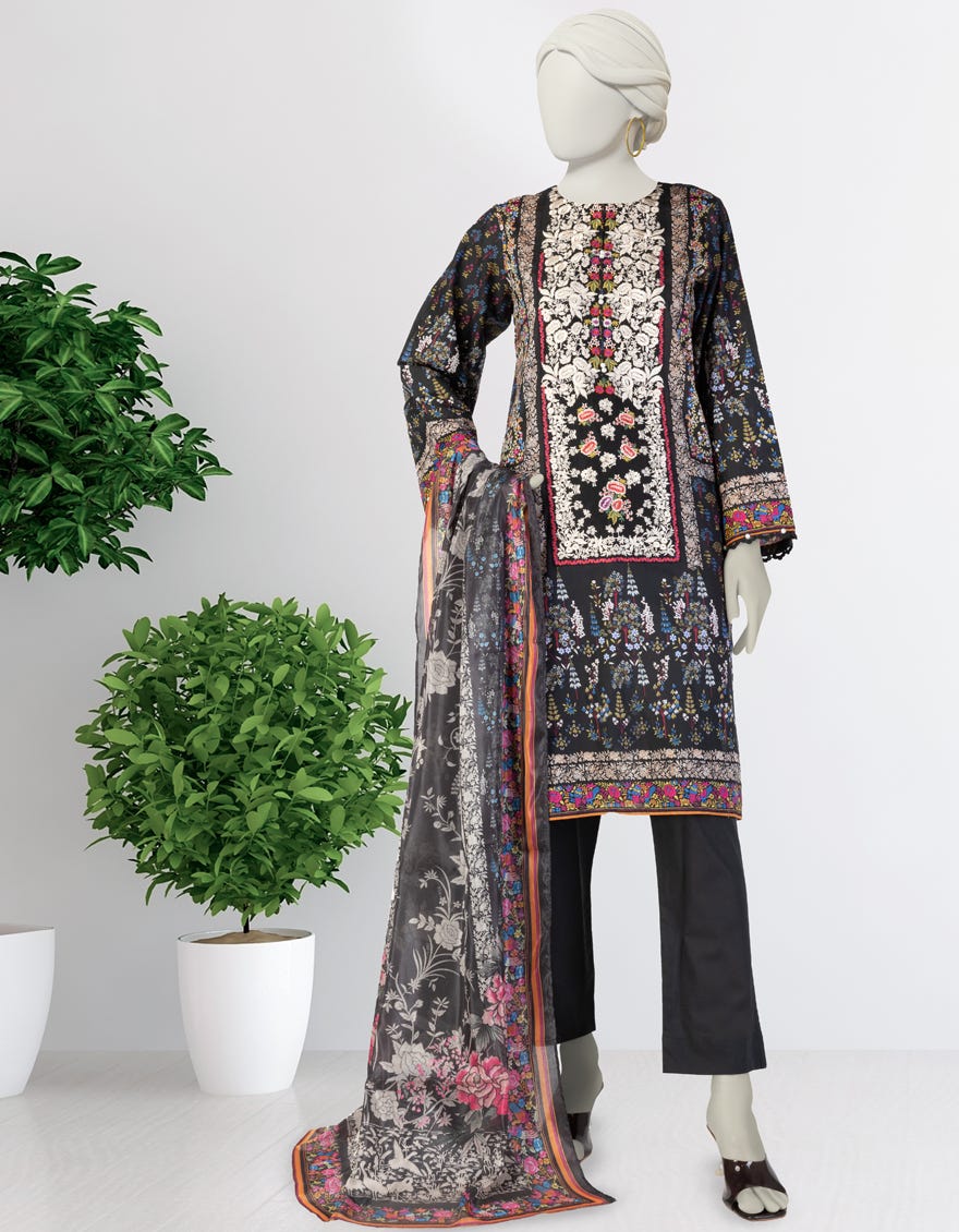 BLACK LAWN EMBROIDERED 3PC STITCHED
