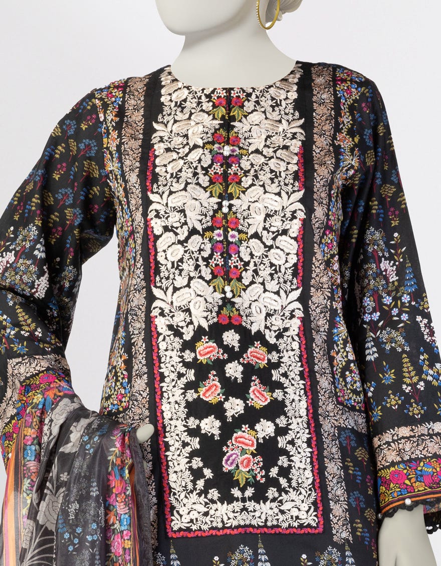 BLACK LAWN EMBROIDERED 3PC STITCHED
