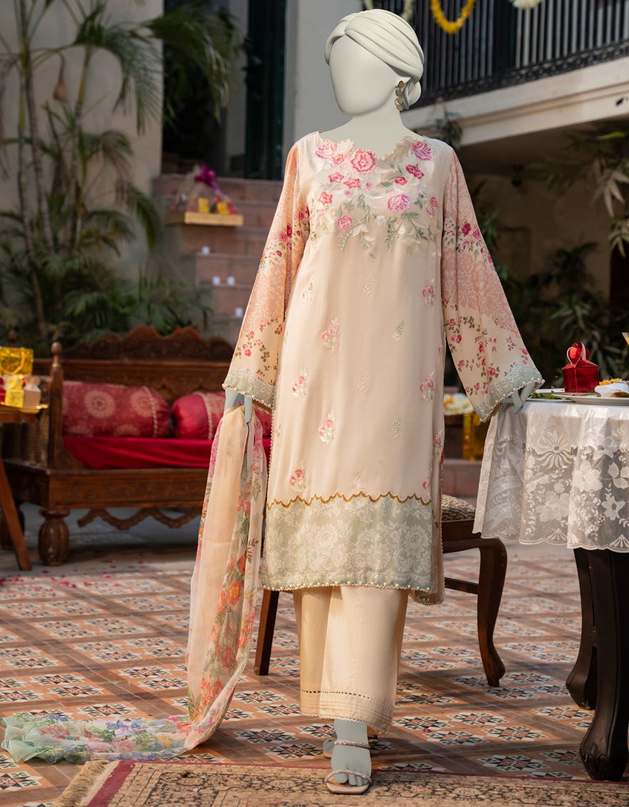 CREAM CHIFFON EMBROIDERED 3PC STITCHED