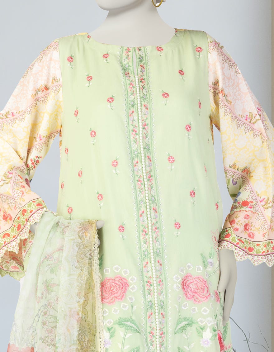 GREEN CHIFFON EMBROIDERED 3PC STITCHED