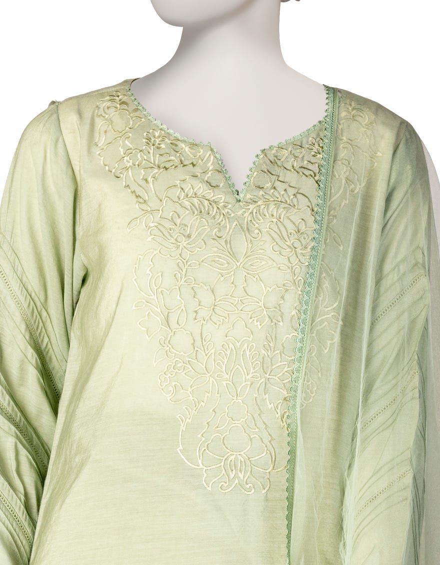 GREEN PAPER COTTON EMBROIDERED 3PC STITCHED