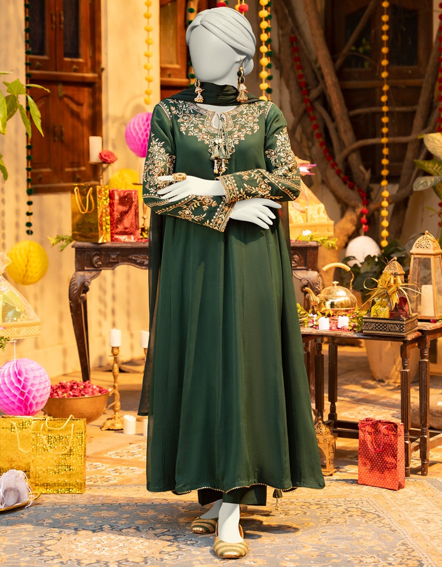 GREEN CHIFFON EMBROIDERED 3PC STITCHED
