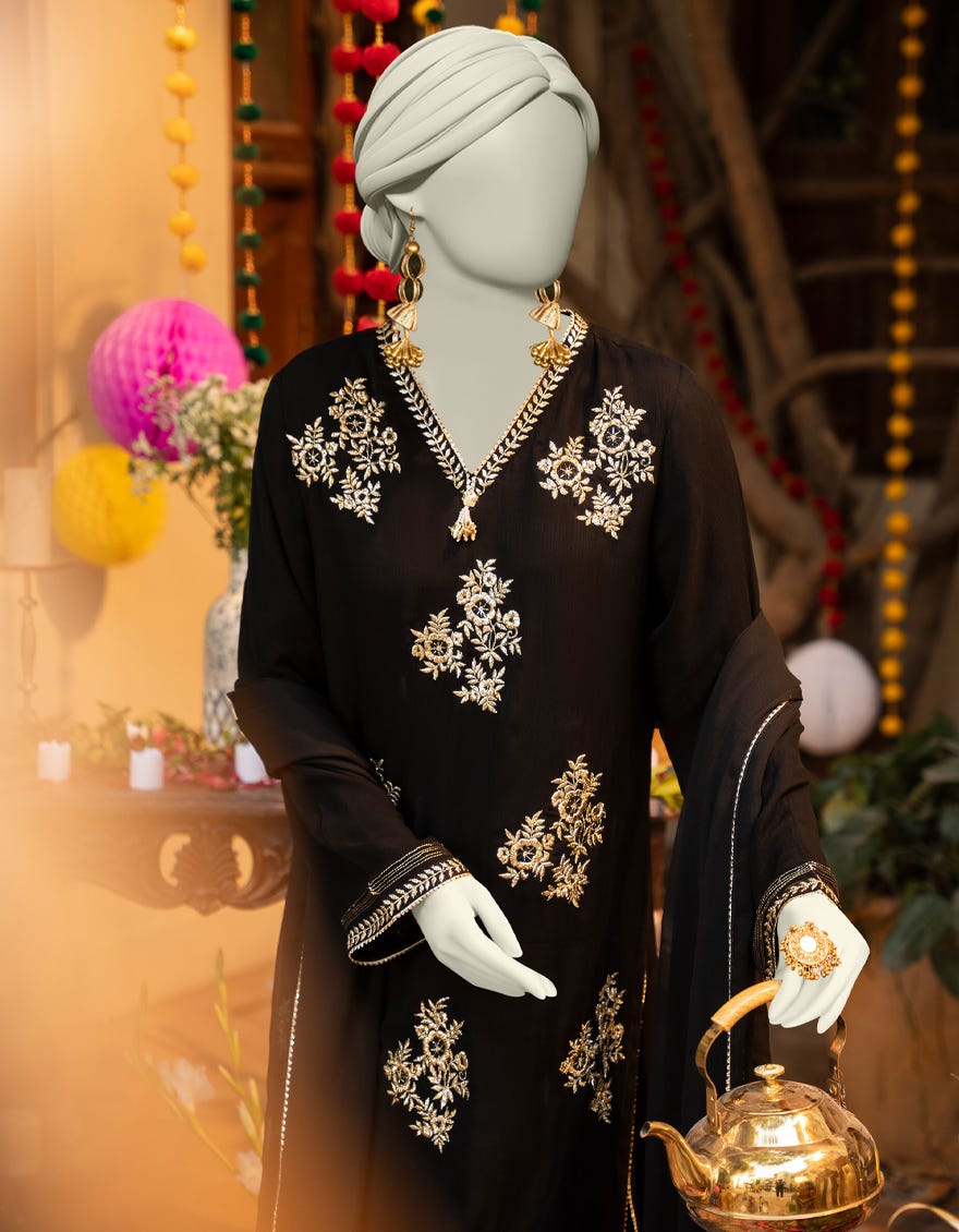 BLACK CHIFFON EMBROIDERED 3PC STITCHED