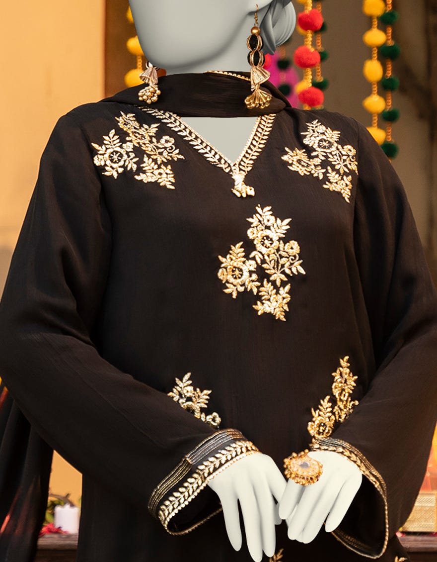 BLACK CHIFFON EMBROIDERED 3PC STITCHED