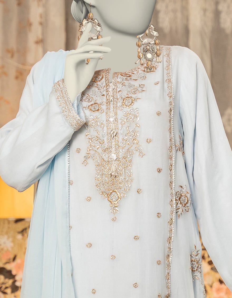 BLUE CHIFFON EMBROIDERED 3PC STITCHED