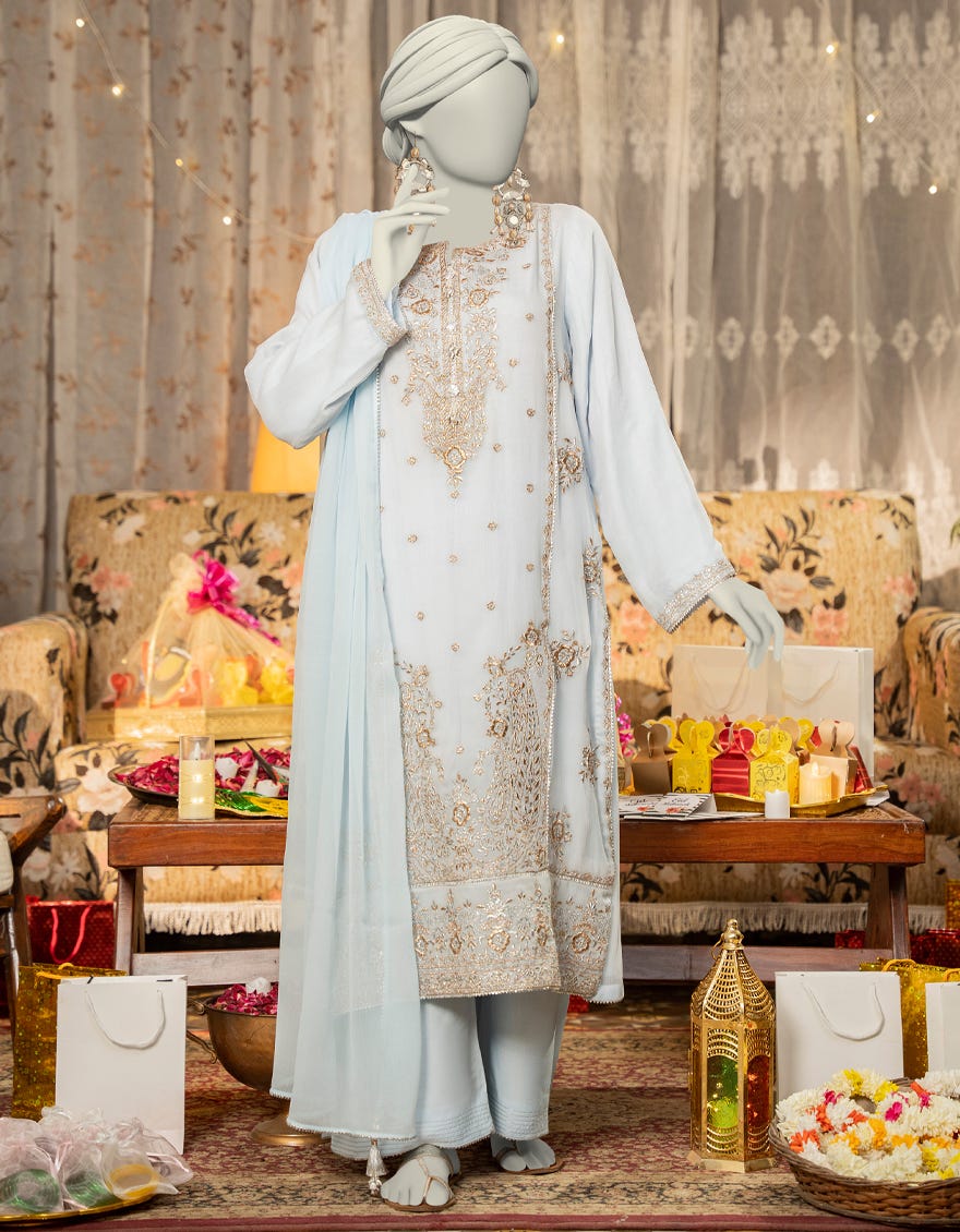 BLUE CHIFFON EMBROIDERED 3PC STITCHED